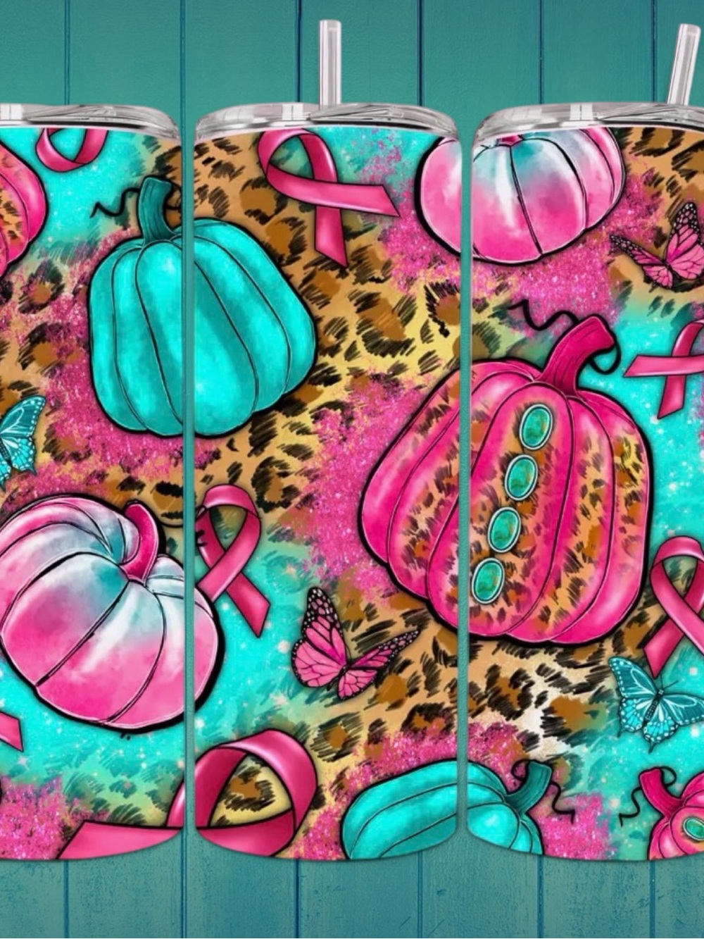 20oz Pink & Teal Leopard Pumpkin Tumbler 🎀🎃🦋
